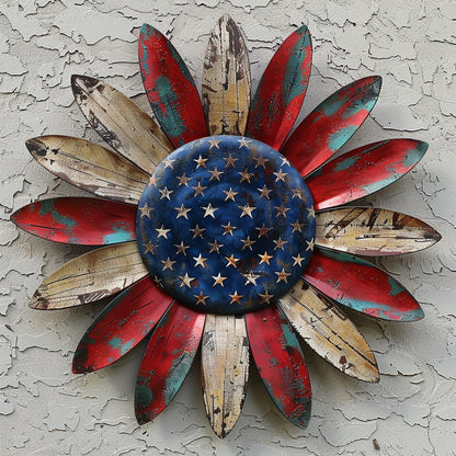 Patriotic Sunflower Metal Wall Art Rustic American Flag Decor Farmhouse Outdoor USA Flower Wall Hanging