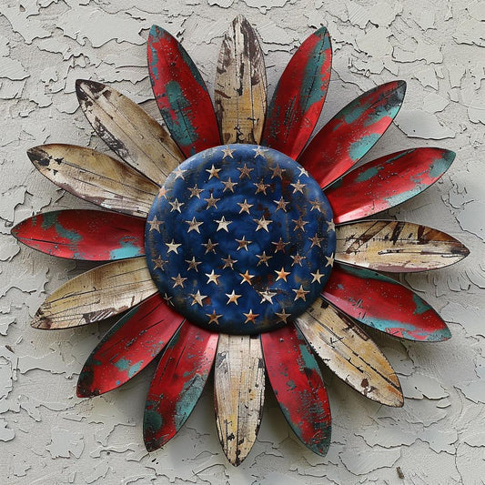 Patriotic Sunflower Metal Wall Art Rustic American Flag Decor Farmhouse Outdoor USA Flower Wall Hanging