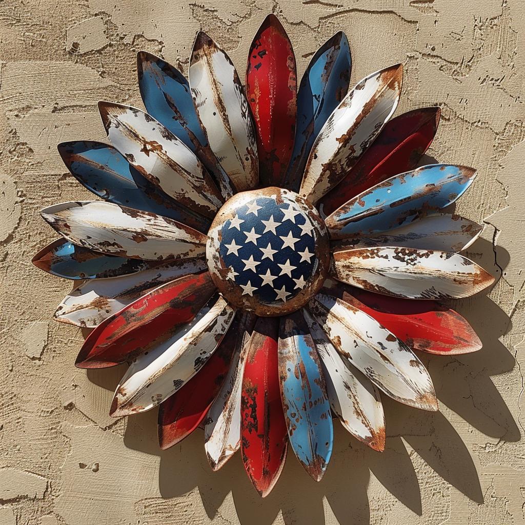 Patriotic Sunflower Metal Wall Art Rustic American Flag Decor Farmhouse Outdoor USA Flower Wall Hanging