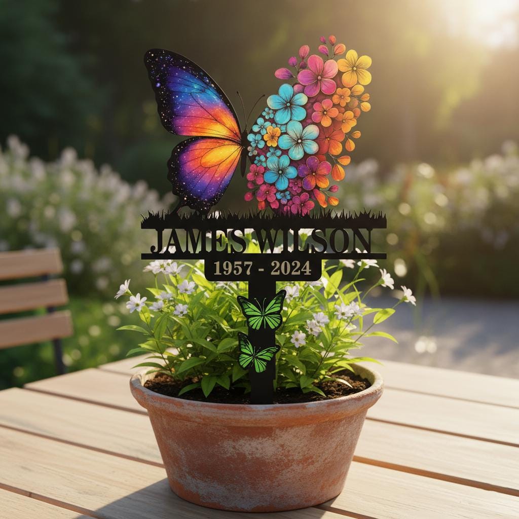 Personalized Butterfly Memorial Garden Sign, Custom Floral Metal Stake, In Loving Memory Plaque, Sympathy Gift for Loved One Outdoor Decor