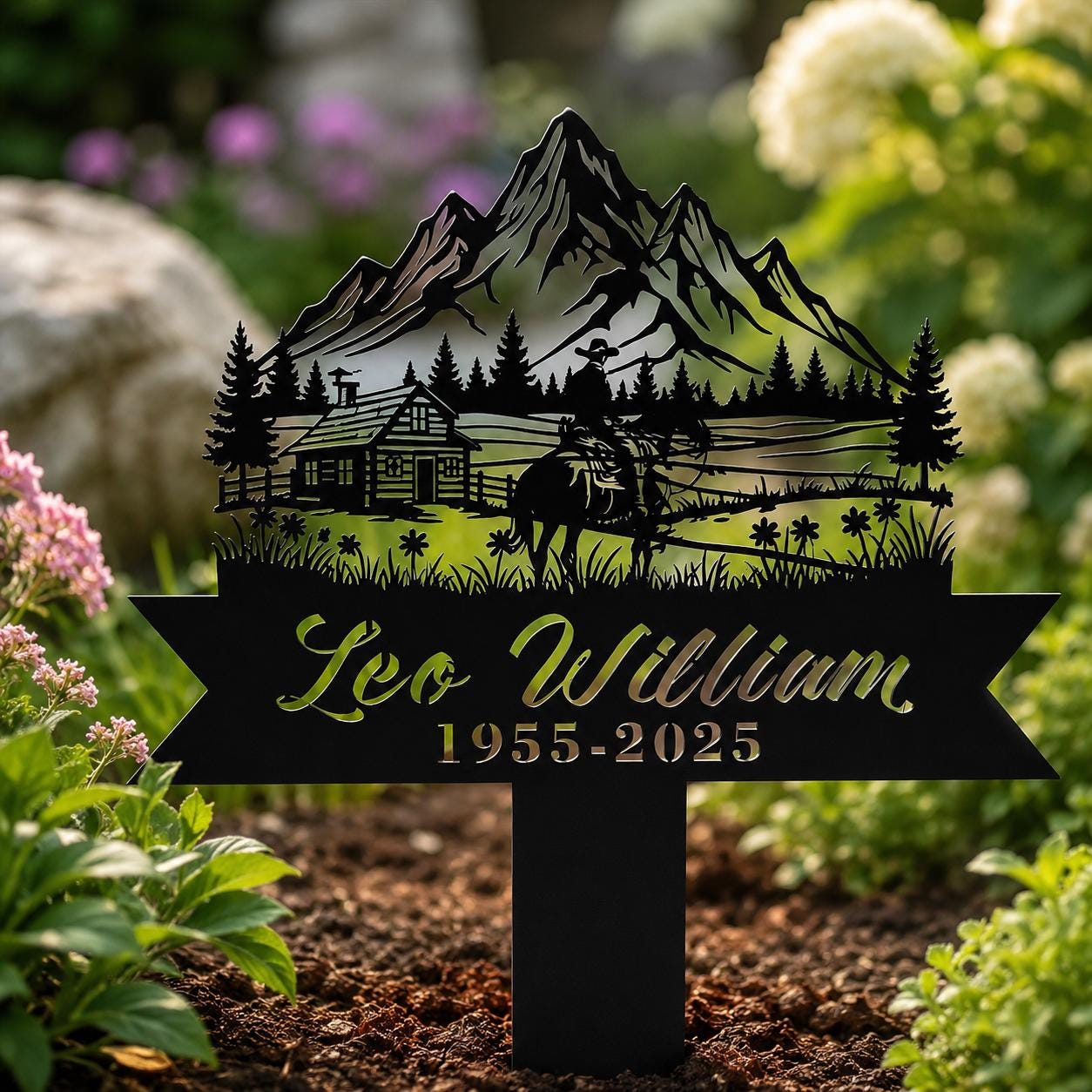 Personalized Memorial Garden Stake, Mountain Cabin Horse Metal Yard Sign, Custom Name Dates Sympathy Grave Marker, Outdoor Remembrance Gift