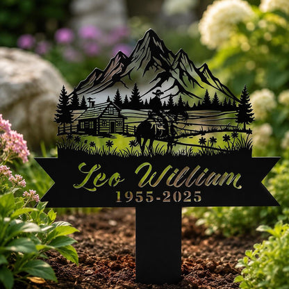 Personalized Memorial Garden Stake, Mountain Cabin Horse Metal Yard Sign, Custom Name Dates Sympathy Grave Marker, Outdoor Remembrance Gift
