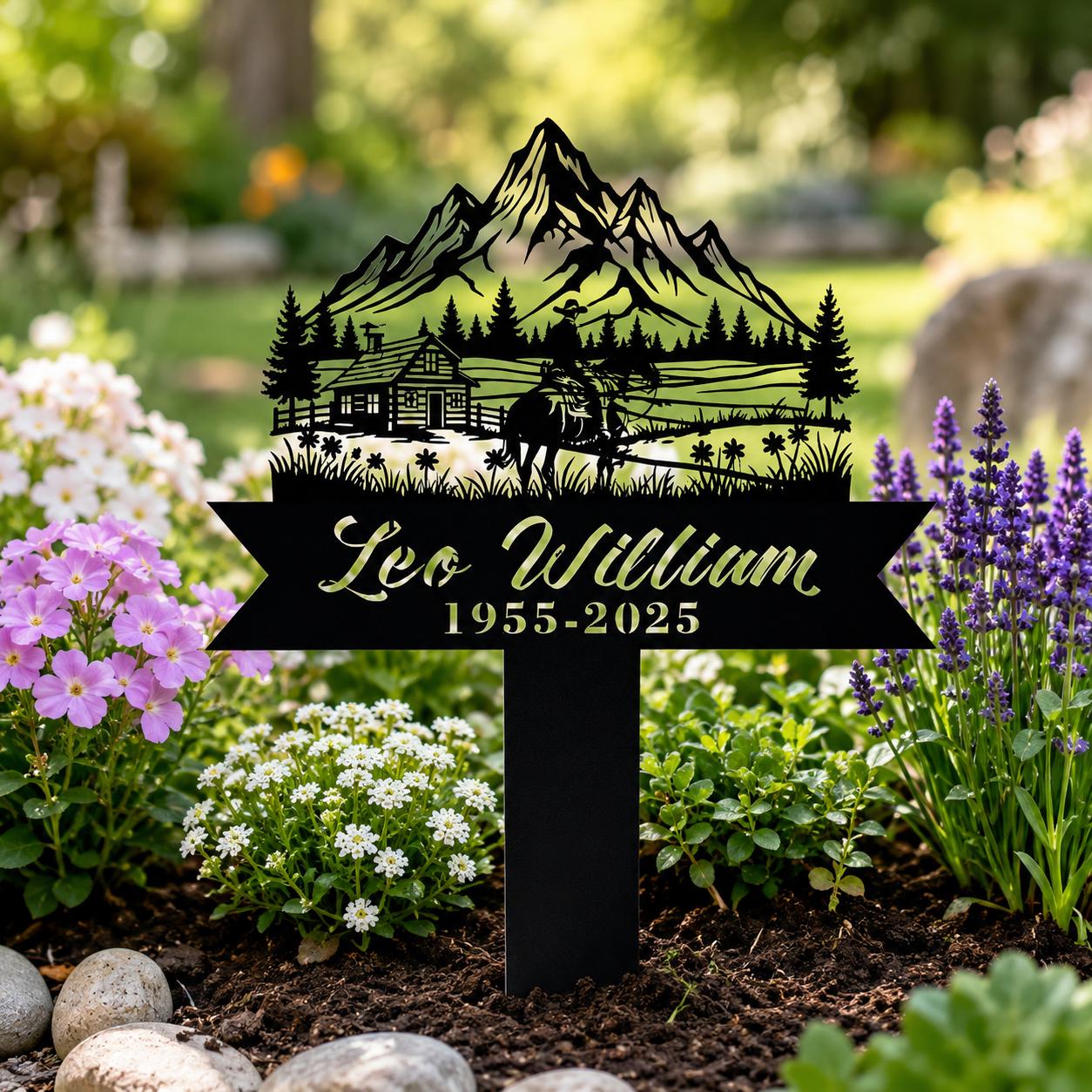 Personalized Memorial Garden Stake, Mountain Cabin Horse Metal Yard Sign, Custom Name Dates Sympathy Grave Marker, Outdoor Remembrance Gift