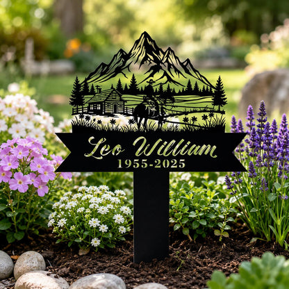 Personalized Memorial Garden Stake, Mountain Cabin Horse Metal Yard Sign, Custom Name Dates Sympathy Grave Marker, Outdoor Remembrance Gift