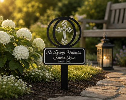 Personalized Cross Memorial Garden Stake, In Loving Memory Metal Sign, Custom Name Dates Grave Marker, Sympathy Gift