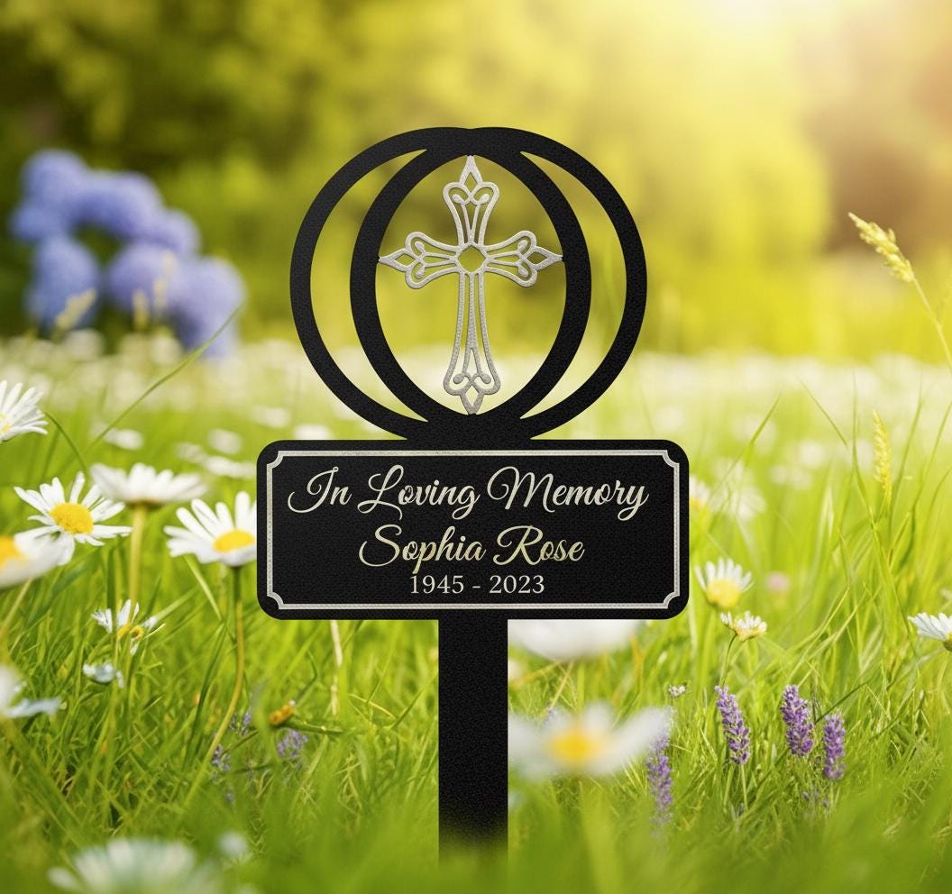Personalized Cross Memorial Garden Stake, In Loving Memory Metal Sign, Custom Name Dates Grave Marker, Sympathy Gift
