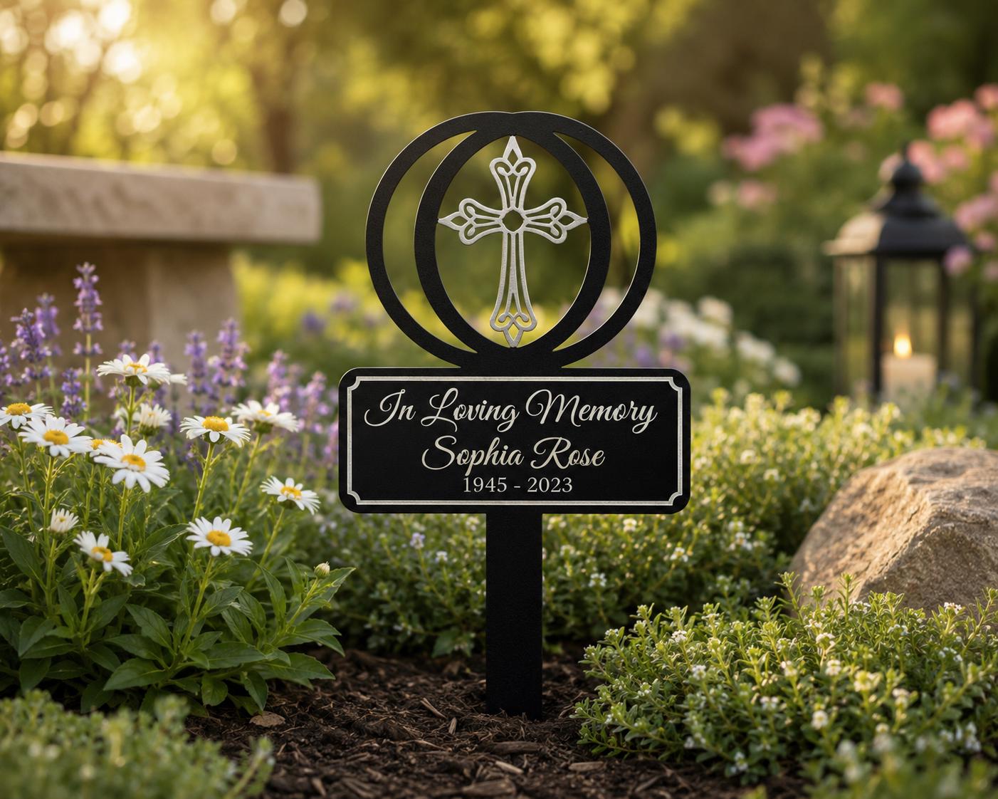 Personalized Cross Memorial Garden Stake, In Loving Memory Metal Sign, Custom Name Dates Grave Marker, Sympathy Gift