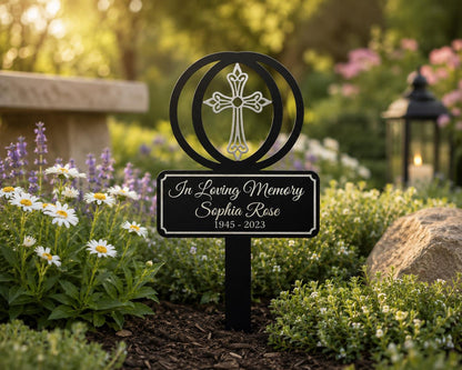 Personalized Cross Memorial Garden Stake, In Loving Memory Metal Sign, Custom Name Dates Grave Marker, Sympathy Gift