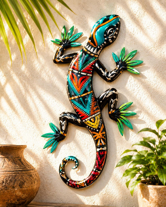 Colorful Tribal Gecko Metal Wall Art Tropical Lizard Sun Inspired Outdoor Garden Wall Decor Modern Boho Home Accent Gift