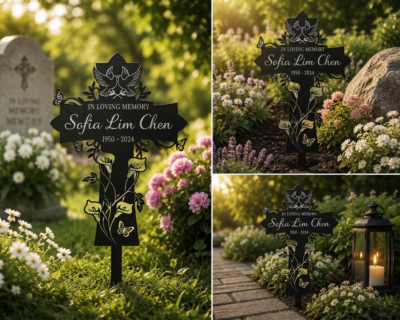 Personalized Cross Memorial Garden Stake, Custom Aluminum Metal Sign, In Loving Memory Grave Marker, Dove Butterfly Sympathy Gift