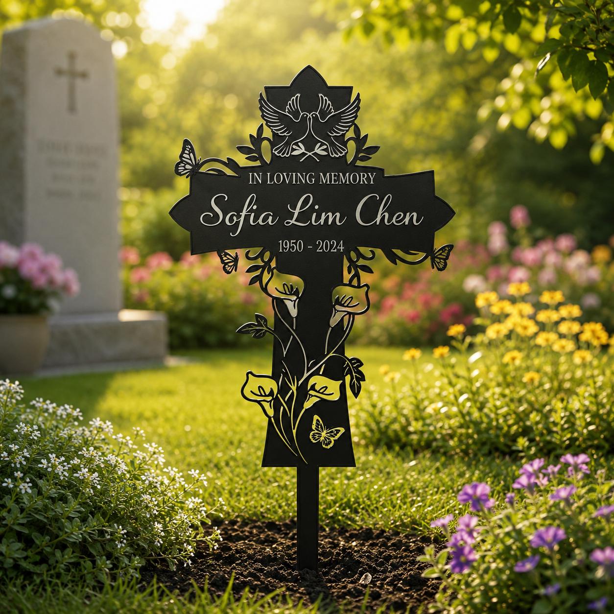 Personalized Cross Memorial Garden Stake, Custom Aluminum Metal Sign, In Loving Memory Grave Marker, Dove Butterfly Sympathy Gift