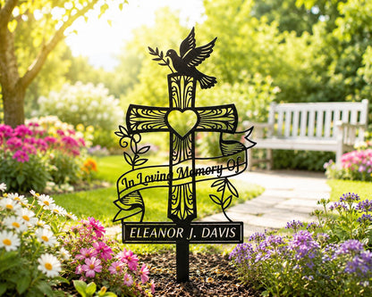 Personalized Cross Memorial Garden Stake, Dove Heart Aluminum Metal Sign, Custom In Loving Memory Grave Marker, Sympathy Gift