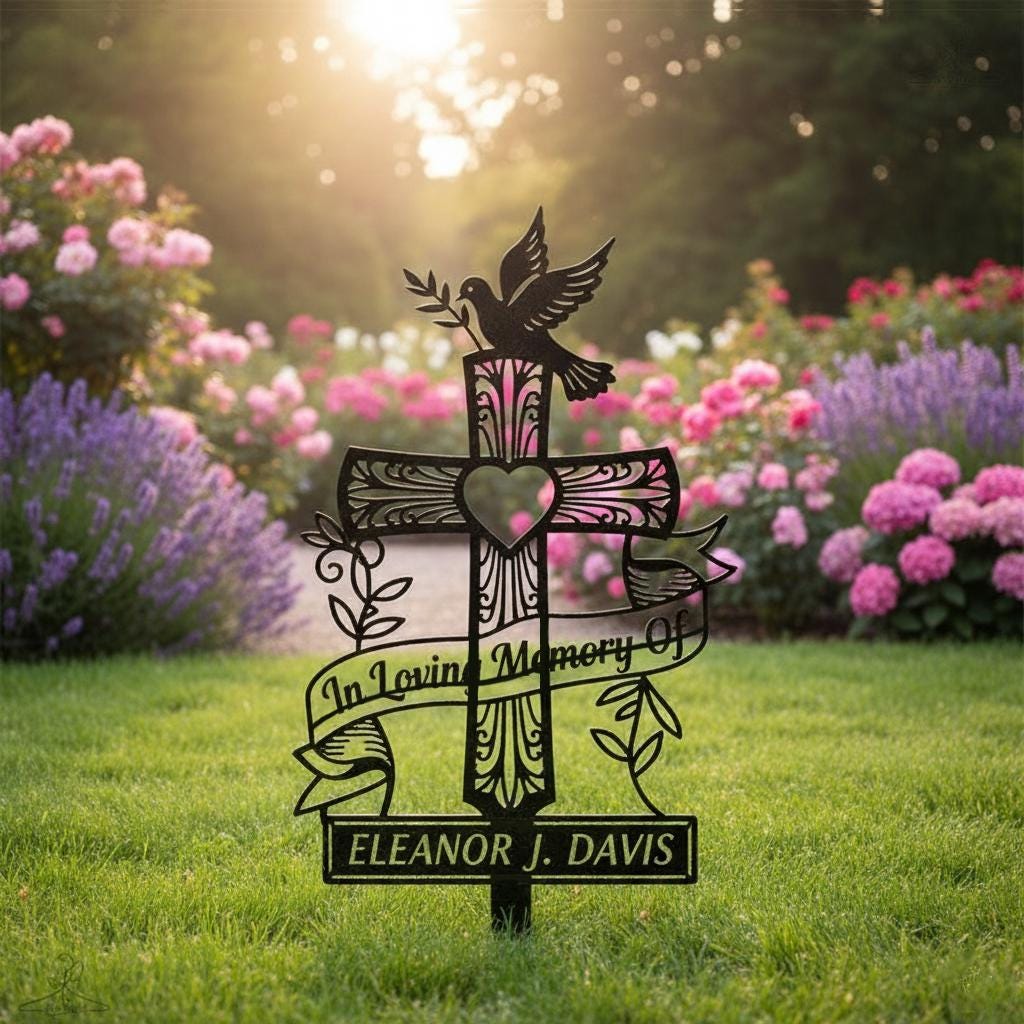 Personalized Cross Memorial Garden Stake, Dove Heart Aluminum Metal Sign, Custom In Loving Memory Grave Marker, Sympathy Gift