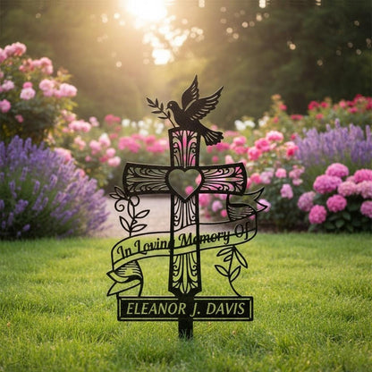 Personalized Cross Memorial Garden Stake, Dove Heart Aluminum Metal Sign, Custom In Loving Memory Grave Marker, Sympathy Gift