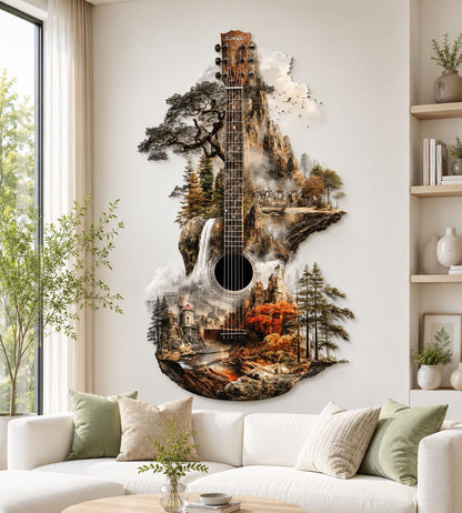 Large Metal Guitar Wall Art Nature Landscape Metal Sign Home Decor Rustic Musical Instrument Wall Hanging Outdoor Indoor Cabin Lodge Gift