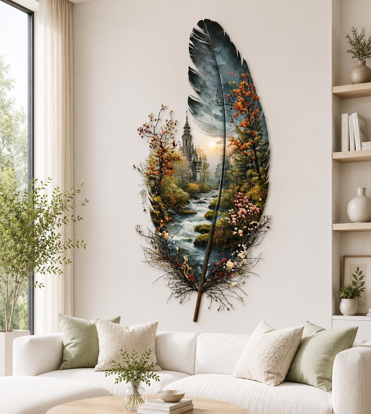 Feather Metal Wall Art Nature Landscape MetalSign Home Decor Outdoor Indoor Cabin Lodge Gift For Garden Living Room Decoration