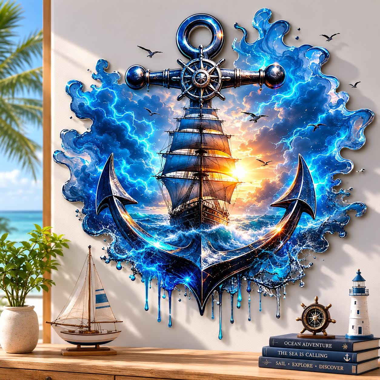 Large Metal Anchor Wall Art Nautical Decor Home Ocean Sea Ship Captain Steering Wheel Rustic Marine Gift