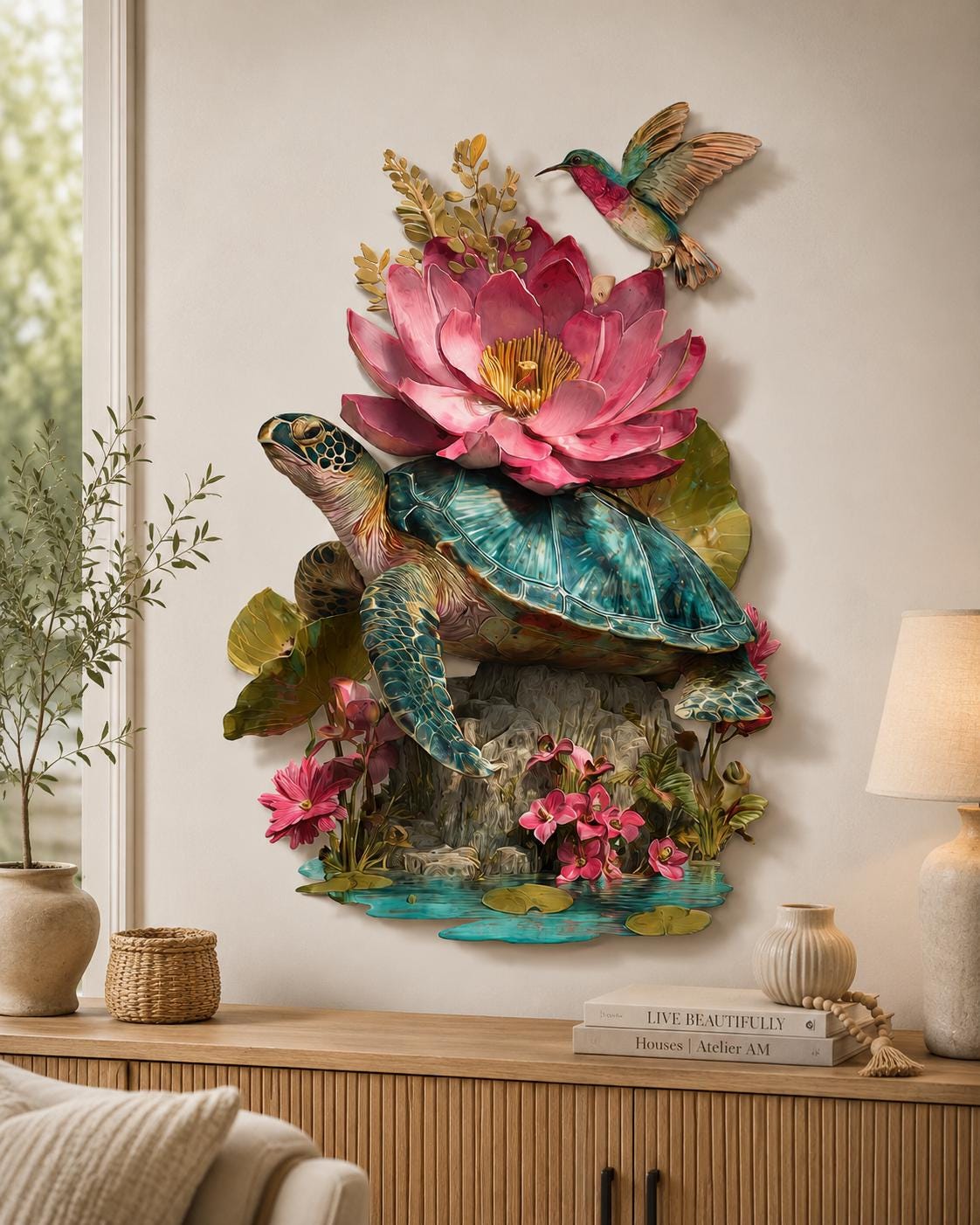 Sea Turtle Lotus Metal Wall Art, 2D Aluminum Ocean Decor, Tropical Turtle Sign, Hummingbird Coastal Wall Art, Beach House Gift, 4 Designs