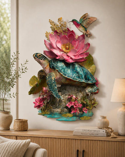 Sea Turtle Lotus Metal Wall Art, 2D Aluminum Ocean Decor, Tropical Turtle Sign, Hummingbird Coastal Wall Art, Beach House Gift, 4 Designs