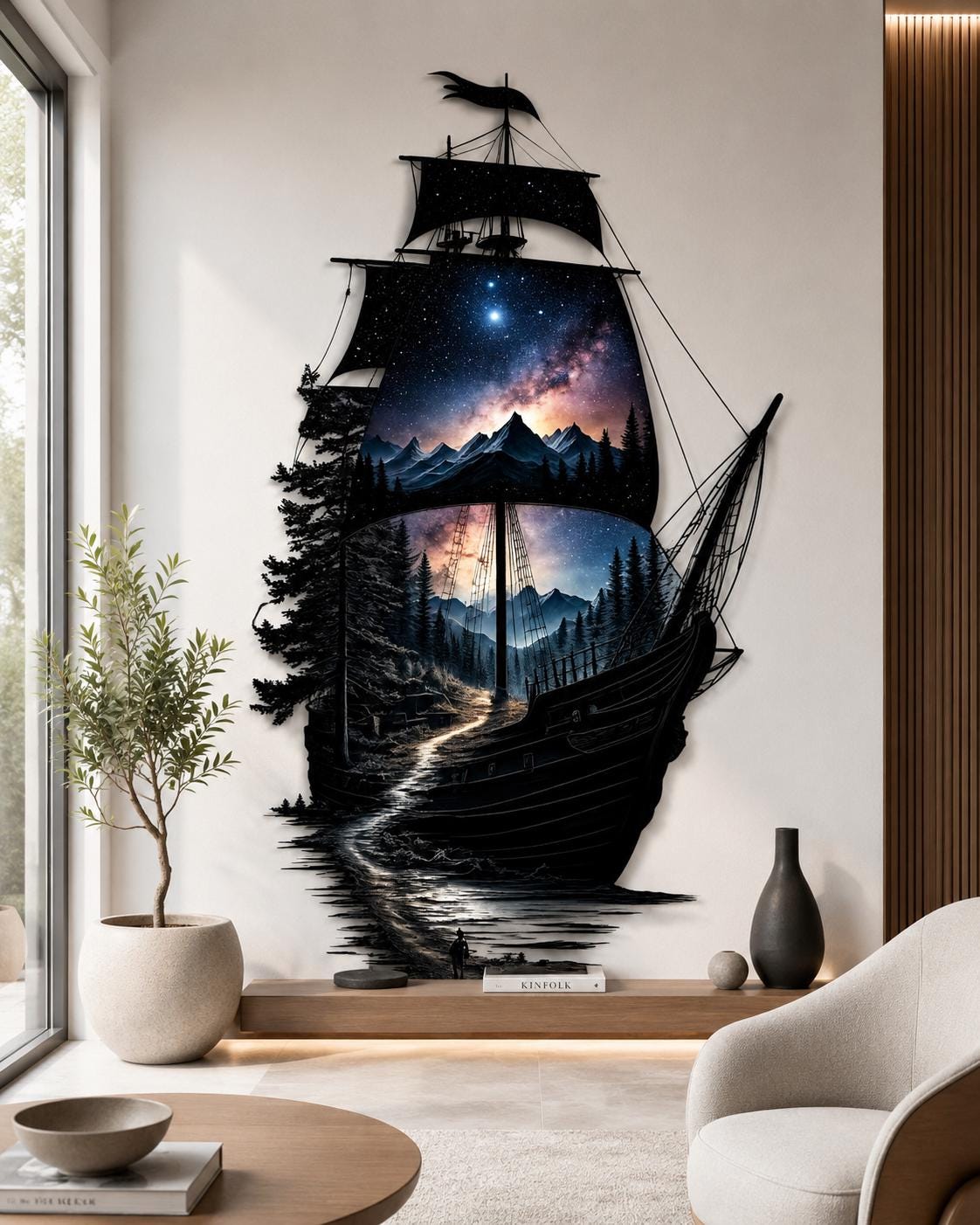 Metal Ship Wall Art Nautical Fantasy Decor Laser Cut Ocean Galaxy Sailing Wall Sculpture Modern Living Room Home Decor Gift For Him