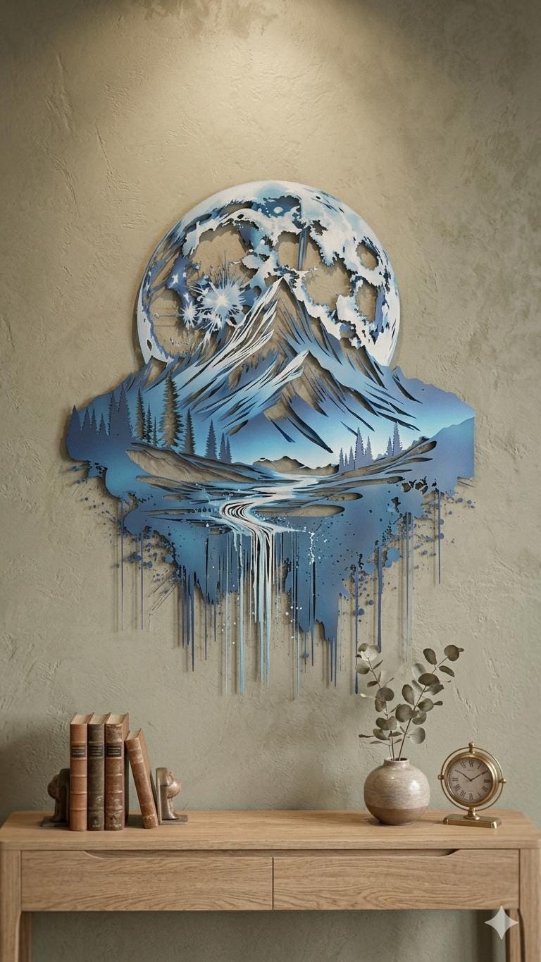 Mountain Lake Wall Art Metal Sign Fantasy Landscape Decor Moon Night Nature Wall Hanging Modern Home Decor Gift For Nature Lovers