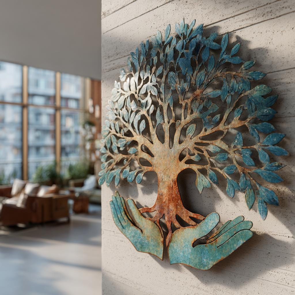 Tree of Life Metal Wall Art, Hands Holding Tree Wall Decor, Spiritual Nature Wall Hanging, Teal Copper Home Decor, Gift Idea