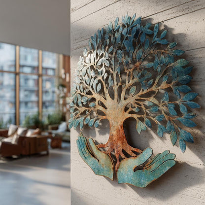 Tree of Life Metal Wall Art, Hands Holding Tree Wall Decor, Spiritual Nature Wall Hanging, Teal Copper Home Decor, Gift Idea