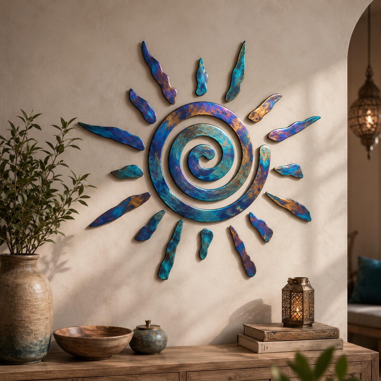 Sun Metal Wall Art, Boho Celestial Sun Decor, Turquoise Gold Sunburst Wall Hanging, Rustic Patio Garden Decor, 4 Style Options