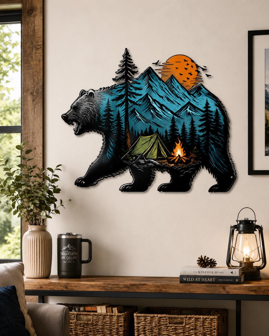 Fishing Adventure Metal Wall Art Mountain Landscape Sign Outdoor Nature Hunter Fisherman Decor Gift for Men Cabin Lodge Home