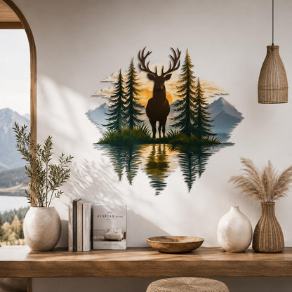 Deer Mountain Metal Wall Art Forest Sunrise Decor Bear Wilderness Cabin Rustic Outdoor Metal Sign Wildlife Nature Wall Decor Gift for Home