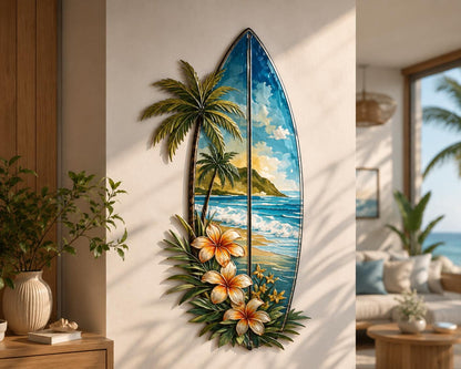 Surfboard Metal Wall Art, Tropical Beach House Decor, Coastal Surf Sign, Palm Tree Ocean Decor, Hawaii Wall Art, 3 Designs for Home Gift