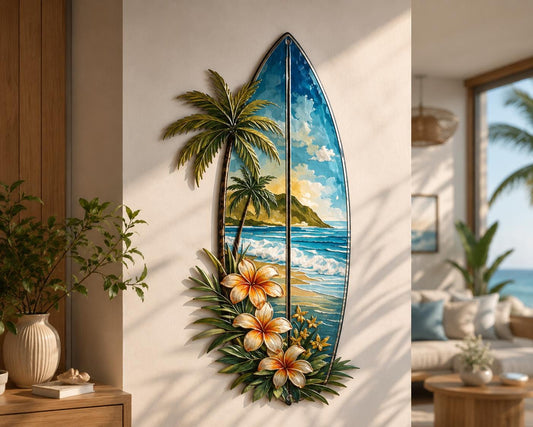 Surfboard Metal Wall Art, Tropical Beach House Decor, Coastal Surf Sign, Palm Tree Ocean Decor, Hawaii Wall Art, 3 Designs for Home Gift