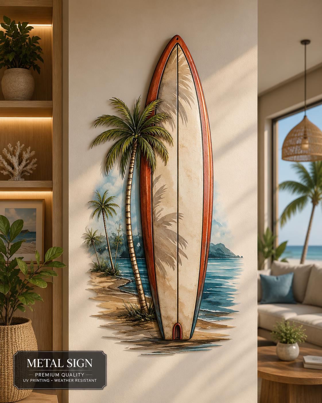 Surfboard Metal Wall Art, Tropical Beach House Decor, Coastal Surf Sign, Palm Tree Ocean Decor, Hawaii Wall Art, 3 Designs for Home Gift