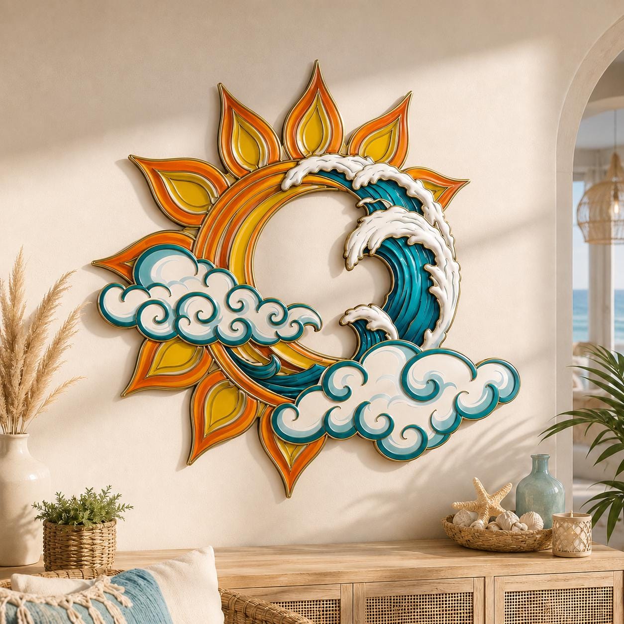 Sun Wave Metal Wall Art Outdoor Decor Ocean Sunrise Sunset Wall Sign Coastal Beach Modern Sun Wall Decor Set Of 4 Designs Gift For Home