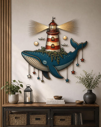 Whale Lighthouse Metal Wall Art Blue Ocean Decor Nautical Whale Wall Sculpture Coastal Fantasy Home Wall Hanging Modern 2D Metal Sign