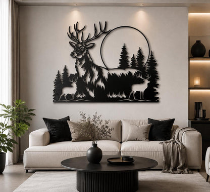 Large Deer Forest Metal Wall Art Elk Mountain Silhouette Wildlife Decor Rustic Cabin Home Wall Hanging Nature Inspired Metal Sign Gift