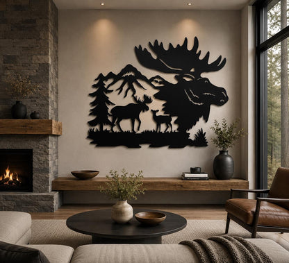 Large Deer Forest Metal Wall Art Elk Mountain Silhouette Wildlife Decor Rustic Cabin Home Wall Hanging Nature Inspired Metal Sign Gift