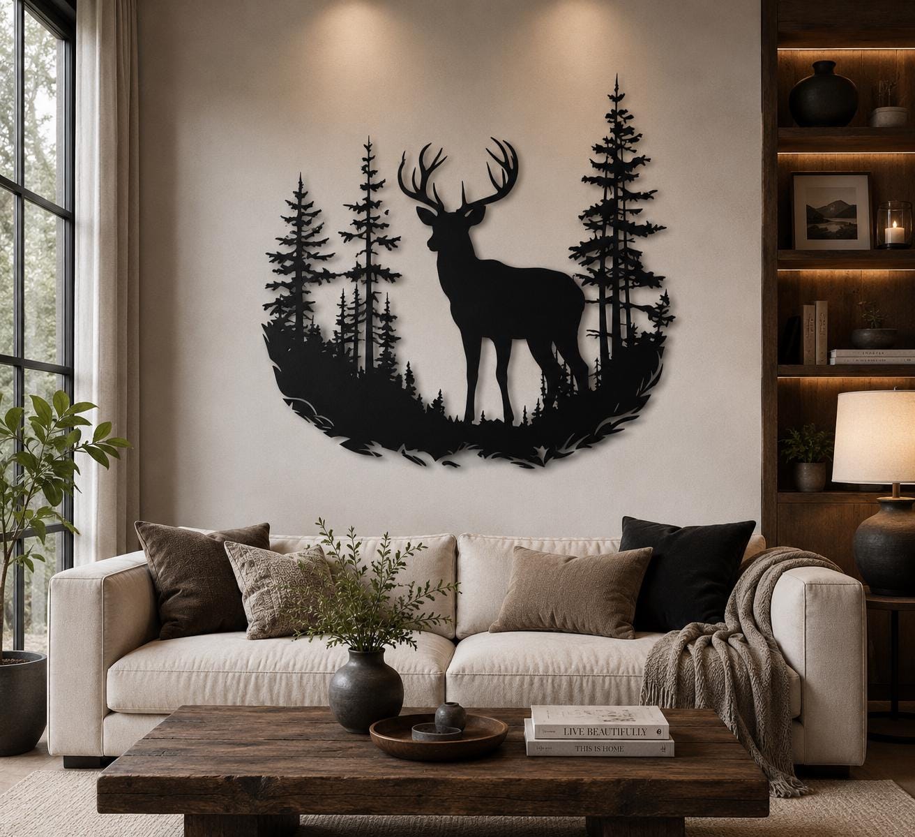 Rustic Deer Moose Forest Metal Wall Art Black Silhouette Wildlife Cabin Decor Modern Farmhouse Metal Sign Outdoor Indoor Nature Wall Decor