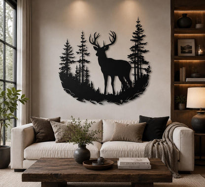 Rustic Deer Moose Forest Metal Wall Art Black Silhouette Wildlife Cabin Decor Modern Farmhouse Metal Sign Outdoor Indoor Nature Wall Decor