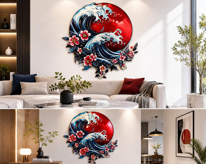 Japanese Wave Cherry Blossom Metal Wall Art Red Sun Ocean Sakura 2D Aluminum Wall Decor Modern Nature Wall Sign Asian Inspired Home Decor