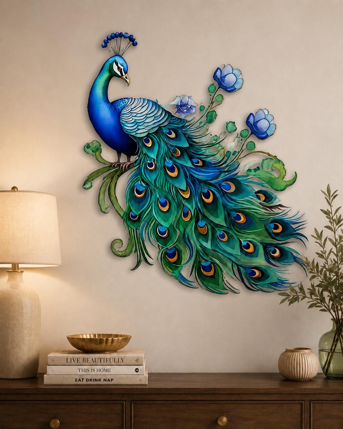 Peacock Metal Wall Art Colorful Floral Bird Wall Decor Modern Luxury Aluminum Wall Sign for Living Room Bedroom Home Decor Gift
