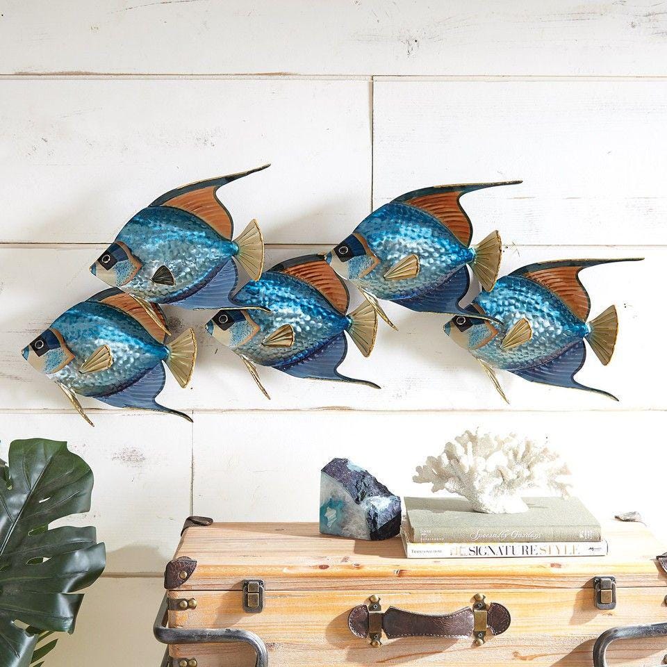Metal Fish Wall Art Ocean School of Fish Wall Decor Coastal Nautical Wall Sculpture Modern Beach House Home Decoration Gift