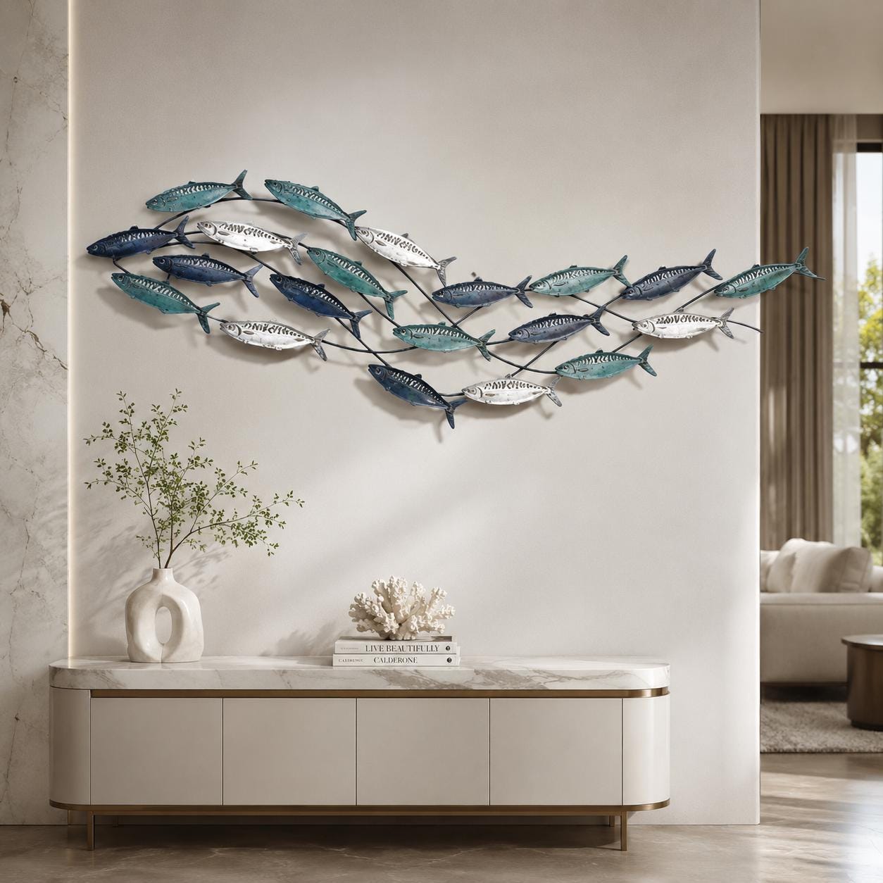 Metal Fish Wall Art Ocean School of Fish Wall Decor Coastal Nautical Wall Sculpture Modern Beach House Home Decoration Gift