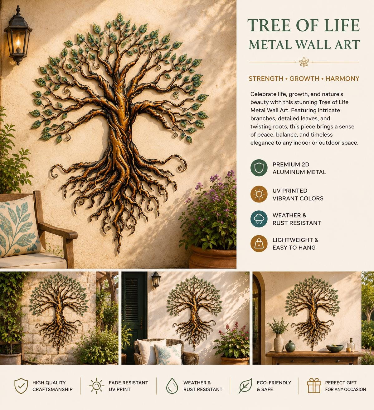 Tree Of Life Metal Wall Art Boho Sun Wall Decor Golden Spiritual Nature Sculpture Large Outdoor Indoor Wall Hanging Gift For Home Garden
