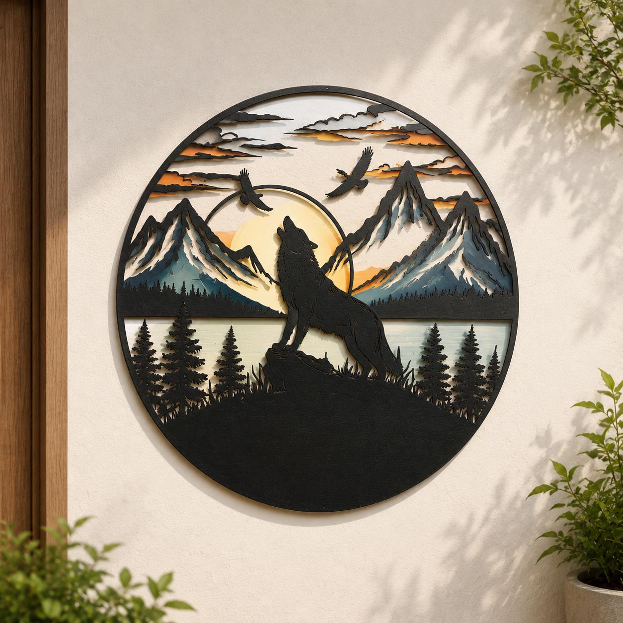 Wolf Metal Wall Art Moon Wolf Decor UV Printed Aluminum Sign Wildlife Mountain Forest Wall Hanging Rustic Cabin Home Decor Gift