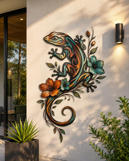Colorful Tribal Gecko Metal Wall Art Tropical Lizard Sun Inspired Outdoor Garden Wall Decor Modern Boho Home Accent Gift