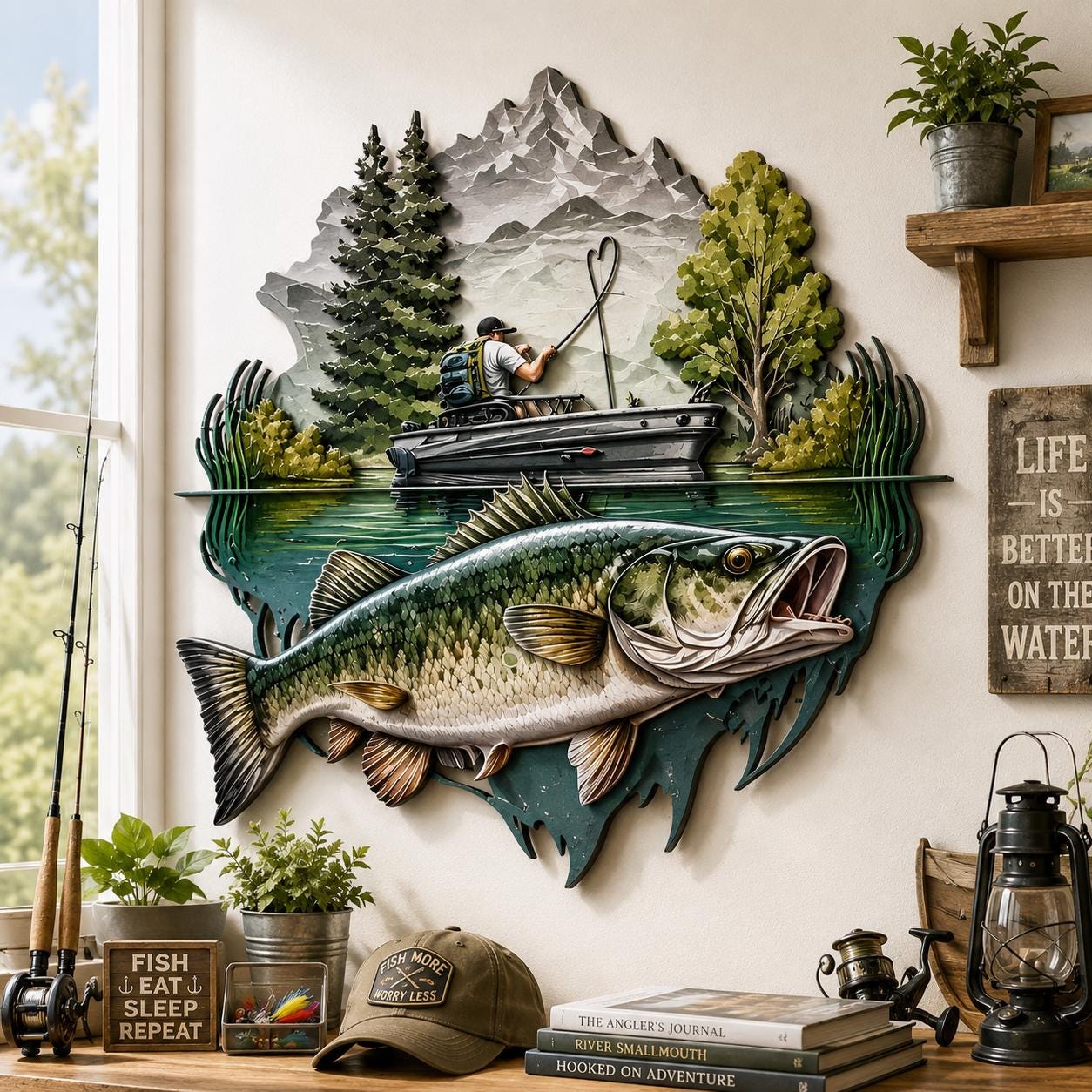 Fishing Metal Wall Art Bass Fishing Decor UV Printed Aluminum Sign Fisherman Lake House Wall Hanging Outdoor Adventure Gift