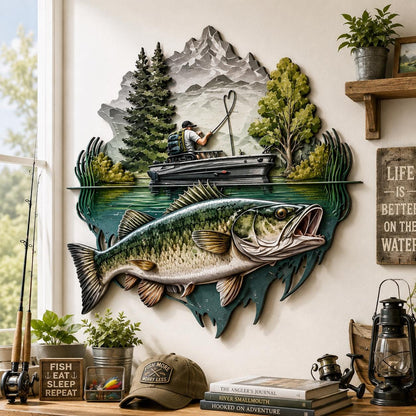 Fishing Metal Wall Art Bass Fishing Decor UV Printed Aluminum Sign Fisherman Lake House Wall Hanging Outdoor Adventure Gift