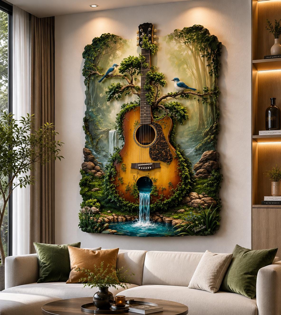 Large Metal Guitar Wall Art Nature Landscape Metal Sign Home Decor Rustic Musical Instrument Wall Hanging Outdoor Indoor Cabin Lodge Gift