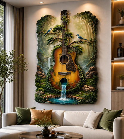 Large Metal Guitar Wall Art Nature Landscape Metal Sign Home Decor Rustic Musical Instrument Wall Hanging Outdoor Indoor Cabin Lodge Gift